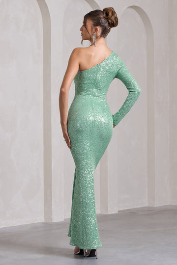 Love Language Mint Green Sequin One Shoulder Maxi Dress With Corsage